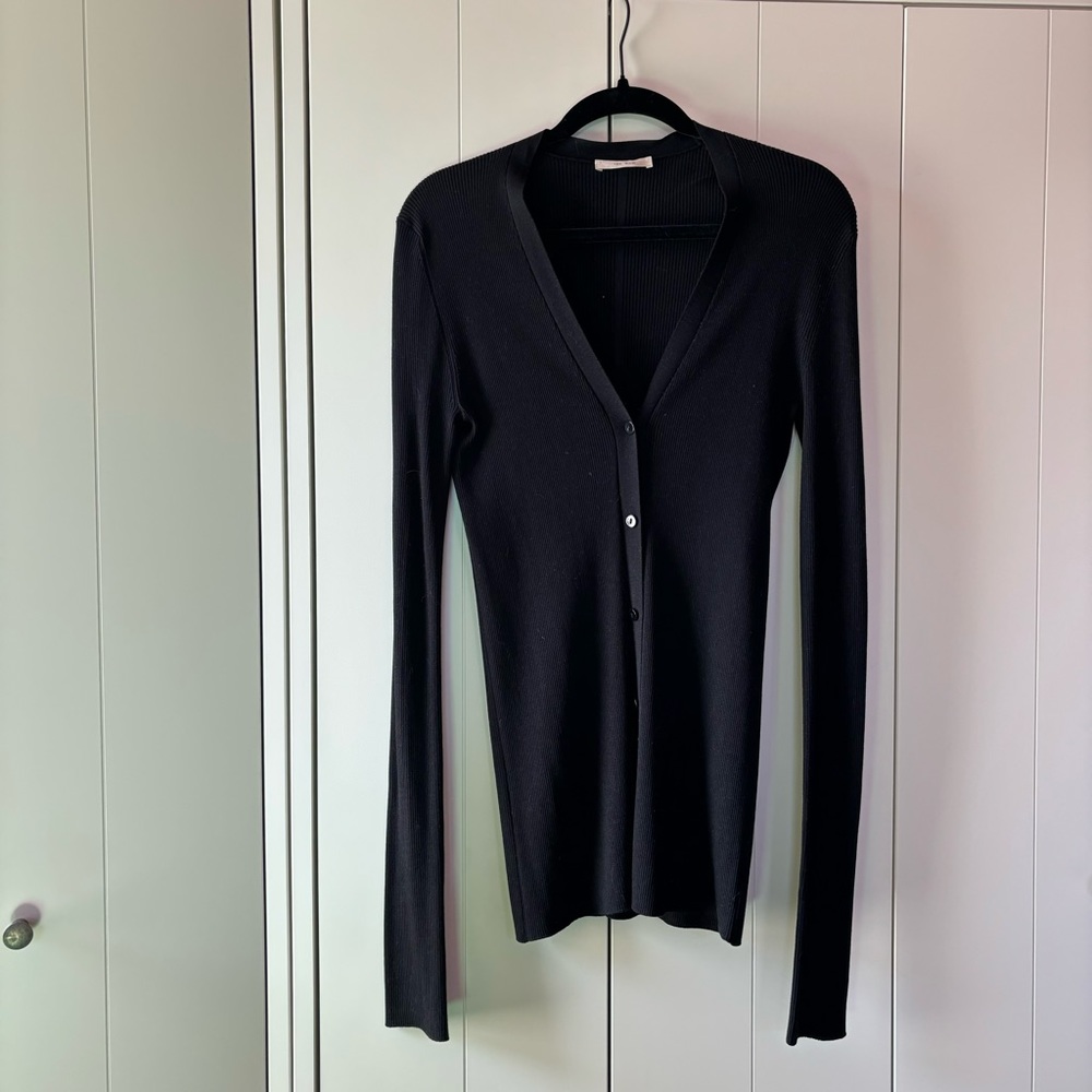 SOLD THE ROW black ribbed silk v-neck stretchy button front cardigan S